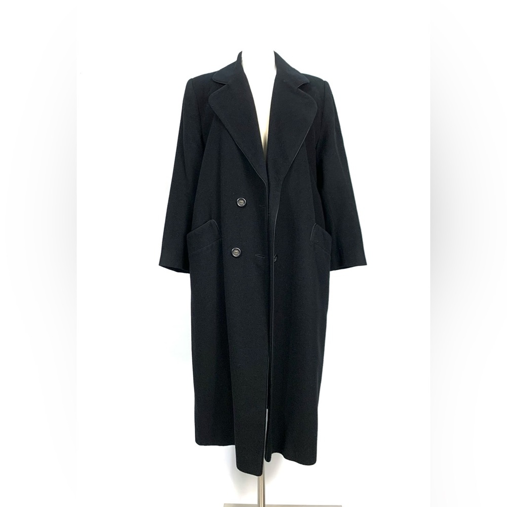 Camel Hair Black Double Breasted Trench Full Length Pea Coat - Picture 6 of 16